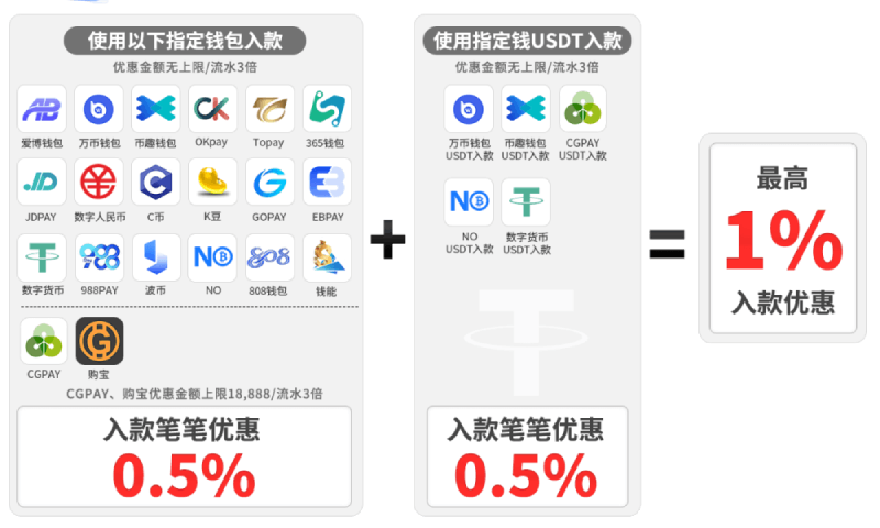 指定钱包/USDT，最高1%入款优惠等您来拿